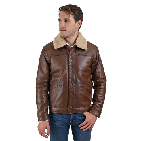 Chamarra Wrangler para Caballero de Piel Genuina con Cuello de Borrega Desmontable.